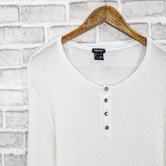 BLEUSALT Malibu Men's Waffle Henley in white knit modal size 3 fit Large - Picture 4 of 6